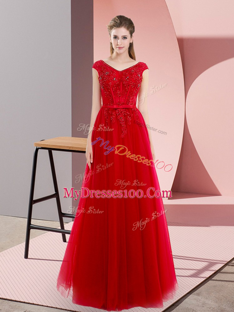 Extravagant Floor Length Red Prom Dress V-neck Short Sleeves Sweep Train Lace Up