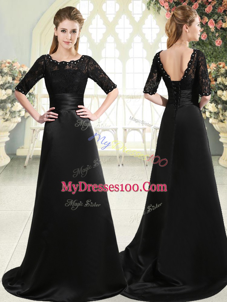 Black Half Sleeves Sweep Train Beading and Appliques Prom Gown