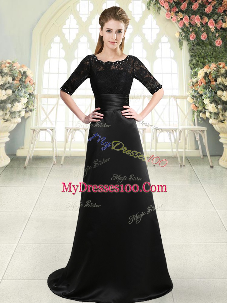 Black Half Sleeves Sweep Train Beading and Appliques Prom Gown