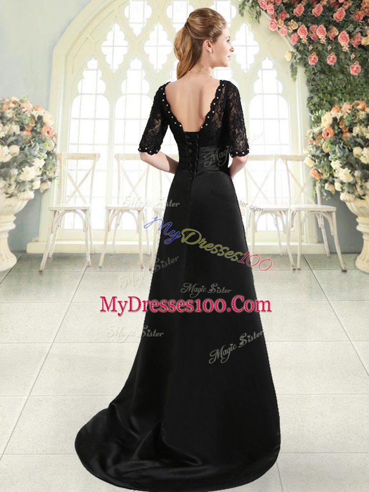 Black Half Sleeves Sweep Train Beading and Appliques Prom Gown
