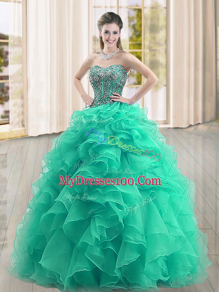 Sleeveless Organza Floor Length Lace Up 15 Quinceanera Dress in Turquoise with Beading and Ruffles