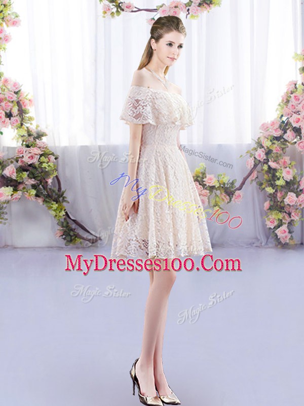 Champagne Lace Up Bridesmaid Dress Lace Short Sleeves Mini Length