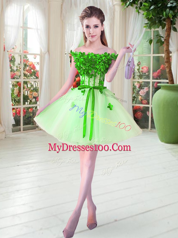 Adorable Apple Green Lace Up Off The Shoulder Beading and Appliques Prom Dress Tulle Sleeveless