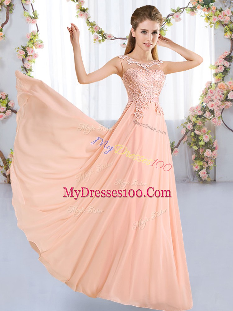 Cheap Scoop Sleeveless Lace Up Quinceanera Court of Honor Dress Peach Chiffon