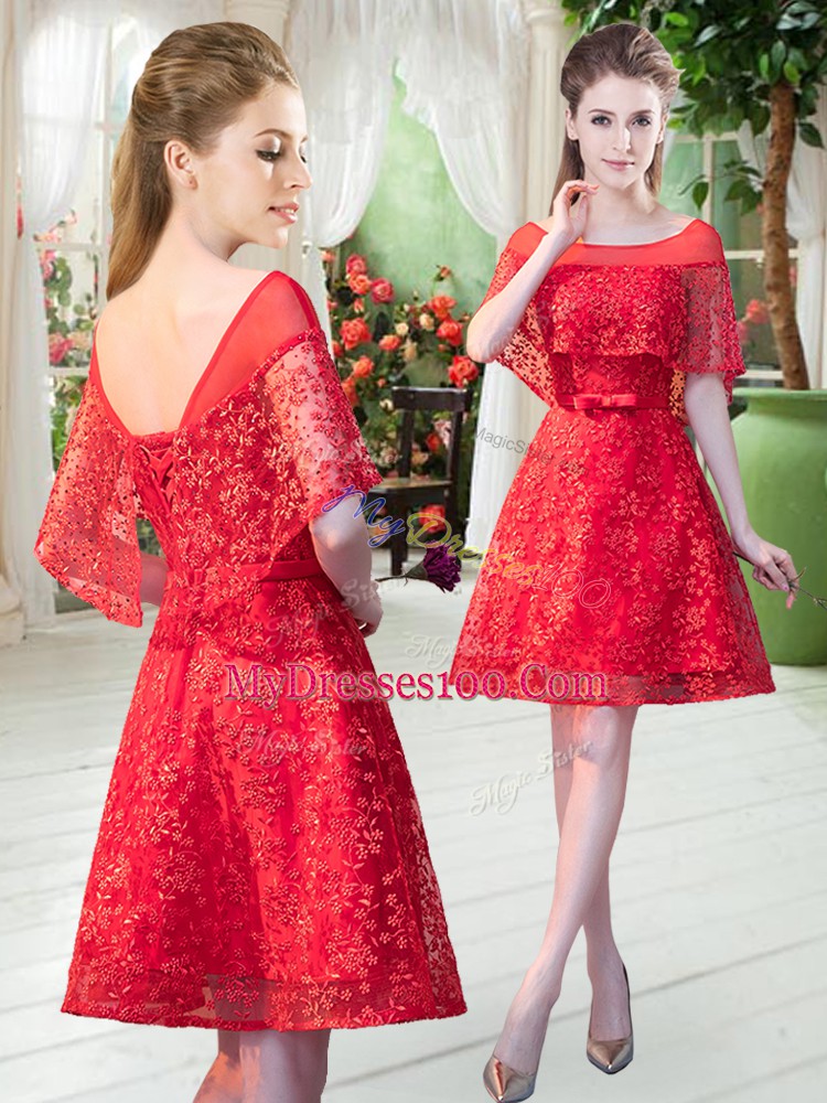Elegant Short Sleeves Lace Up Mini Length Beading Evening Dress