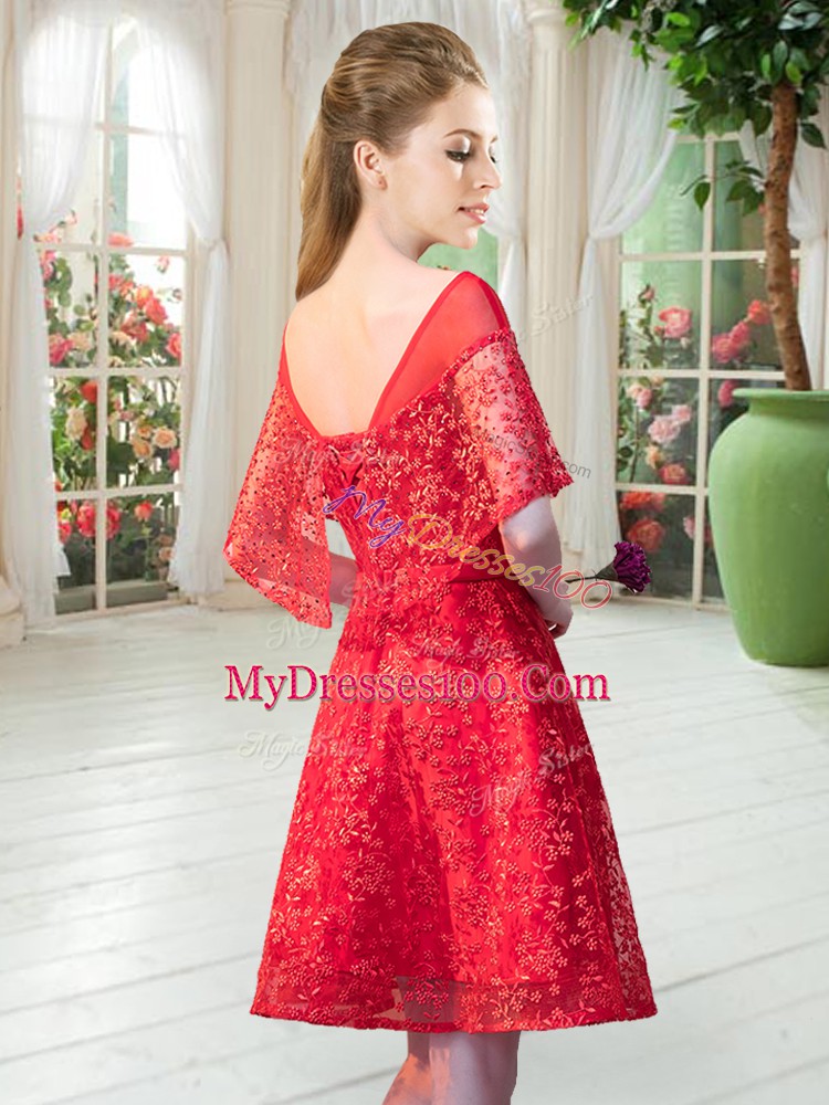 Elegant Short Sleeves Lace Up Mini Length Beading Evening Dress