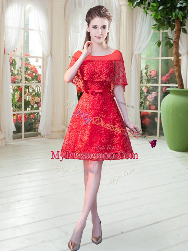 Elegant Short Sleeves Lace Up Mini Length Beading Evening Dress