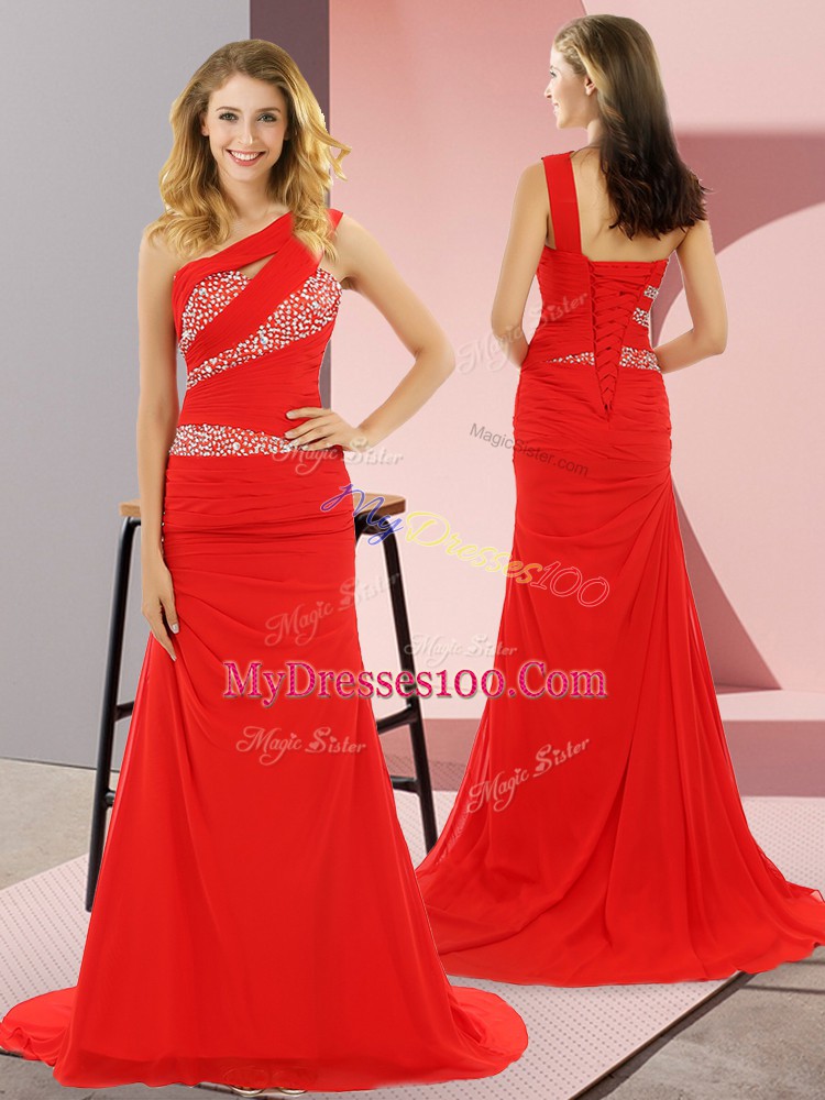 Vintage Red Column/Sheath Beading Homecoming Dress Lace Up Chiffon Sleeveless