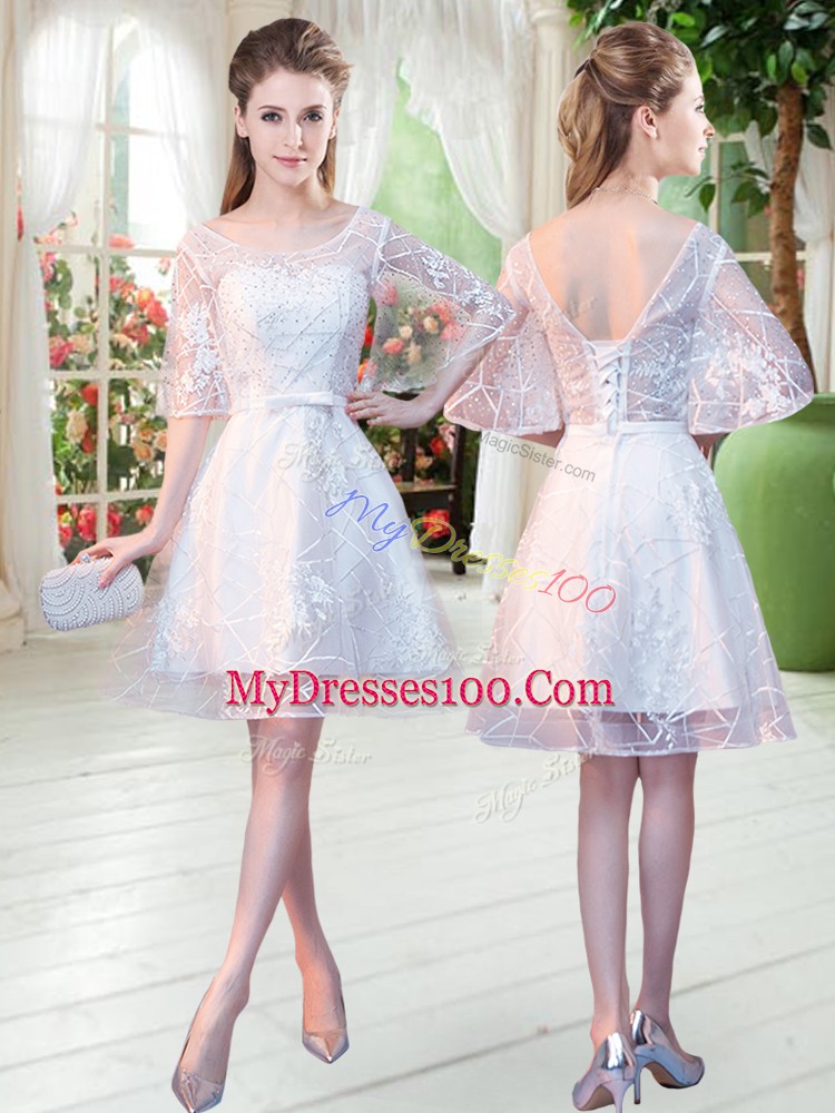 Scoop Half Sleeves Lace Up Womens Evening Dresses White Lace