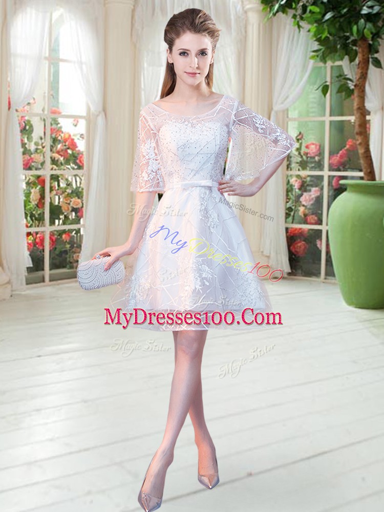 Scoop Half Sleeves Lace Up Womens Evening Dresses White Lace