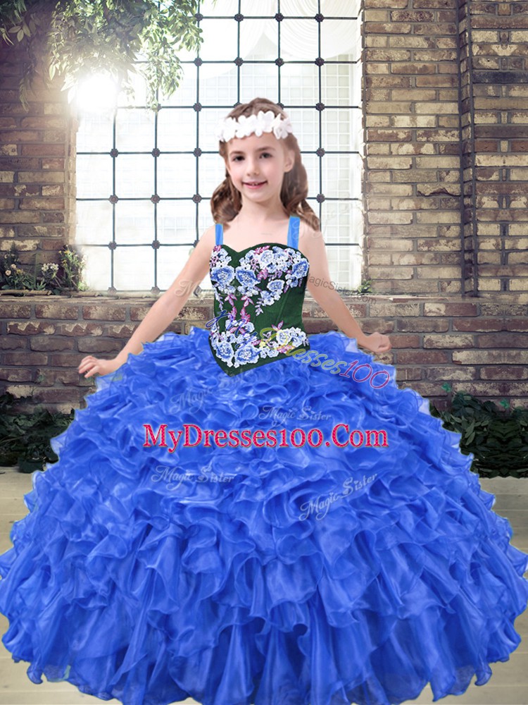 Blue Sleeveless Floor Length Embroidery and Ruffles Lace Up Pageant Dress Toddler