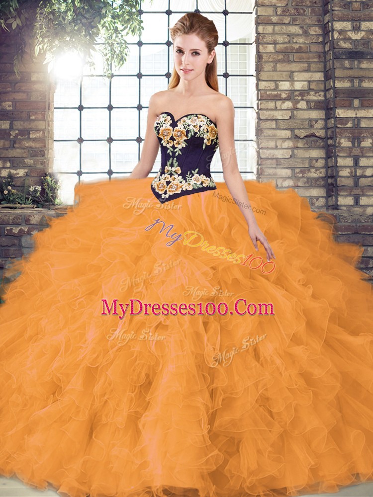 Super Orange Sleeveless Beading and Embroidery Floor Length Ball Gown Prom Dress