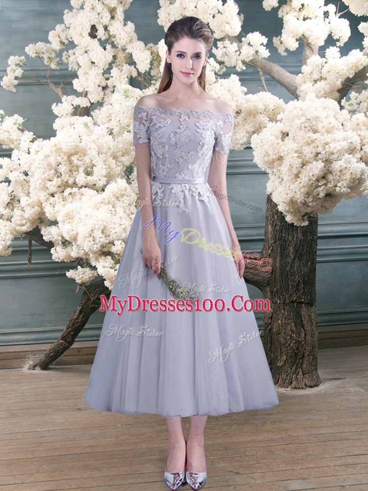 Modern Tulle Off The Shoulder Short Sleeves Lace Up Lace and Appliques Prom Gown in Grey