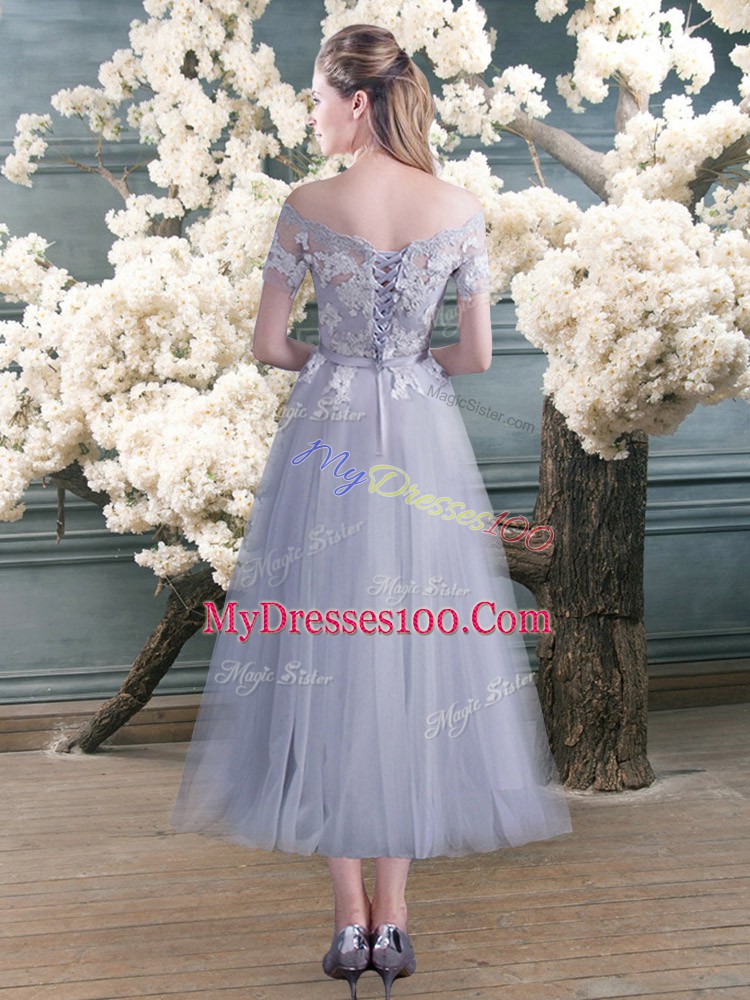 Modern Tulle Off The Shoulder Short Sleeves Lace Up Lace and Appliques Prom Gown in Grey