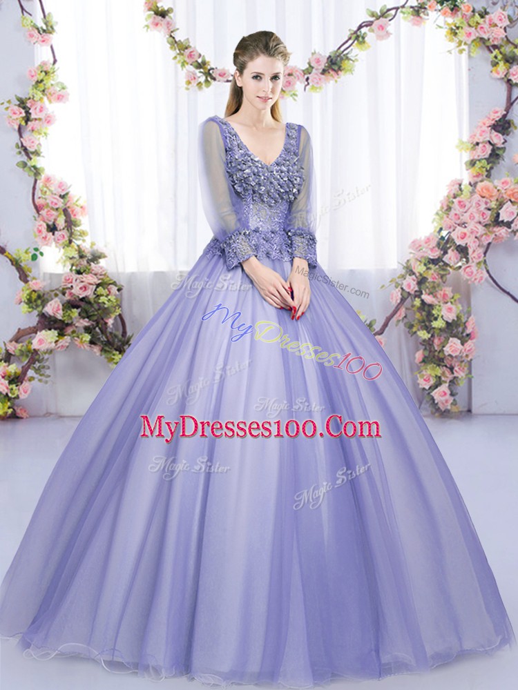 Long Sleeves Lace Up Floor Length Lace and Appliques Quinceanera Dresses