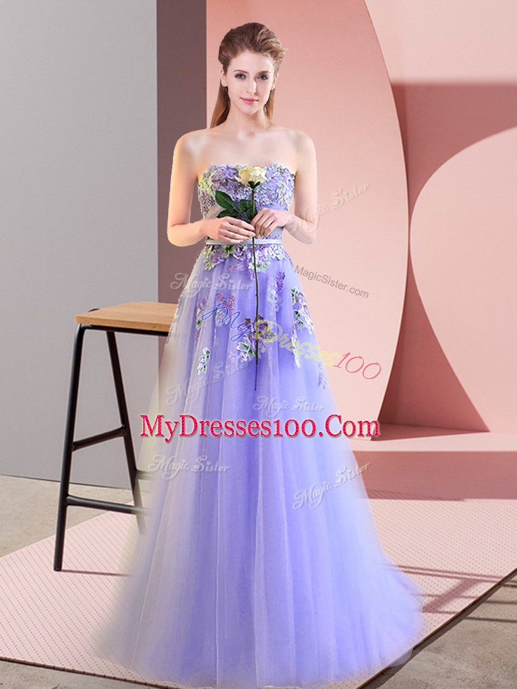 Extravagant Lavender Evening Dress Prom and Party with Appliques Sweetheart Sleeveless Lace Up