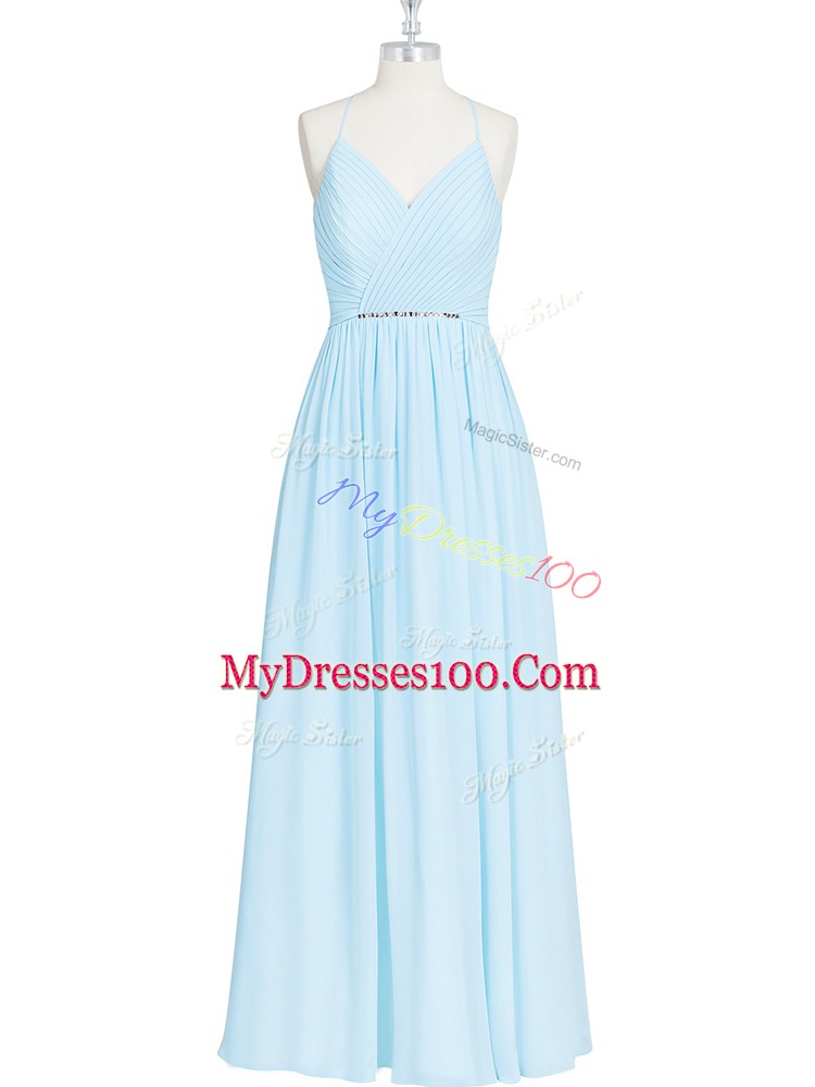 Light Blue Zipper Halter Top Ruching and Pleated Prom Dresses Chiffon Sleeveless