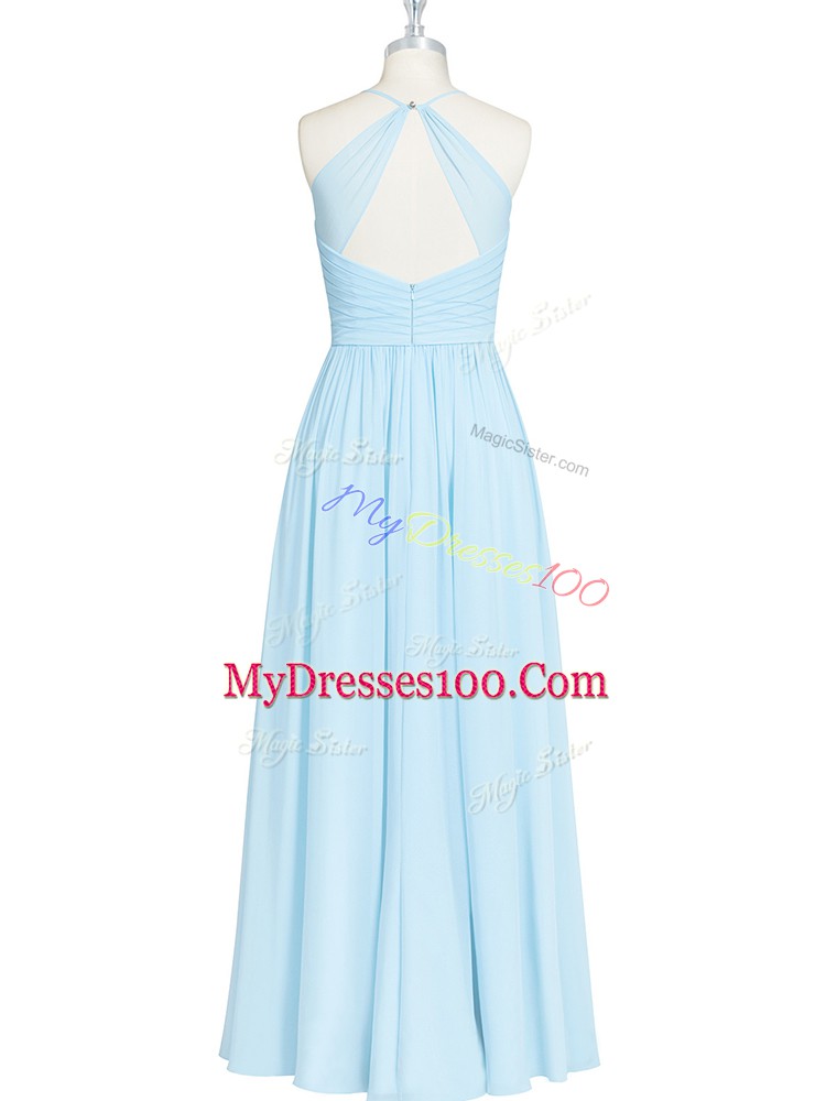 Light Blue Zipper Halter Top Ruching and Pleated Prom Dresses Chiffon Sleeveless