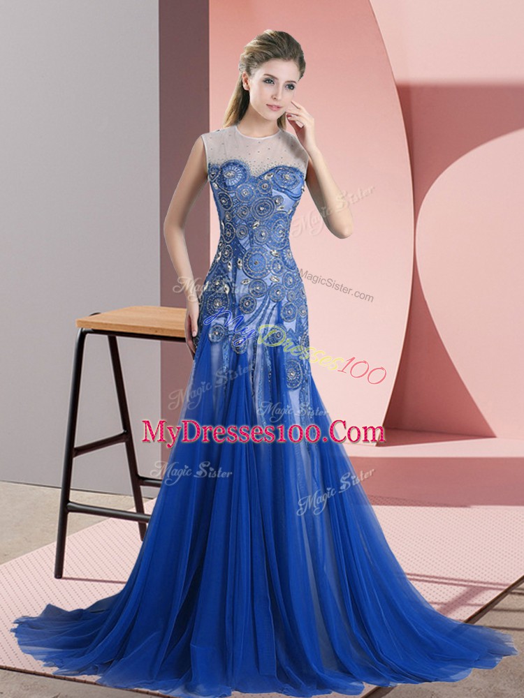 Adorable Scoop Sleeveless Brush Train Backless Homecoming Dress Royal Blue Tulle