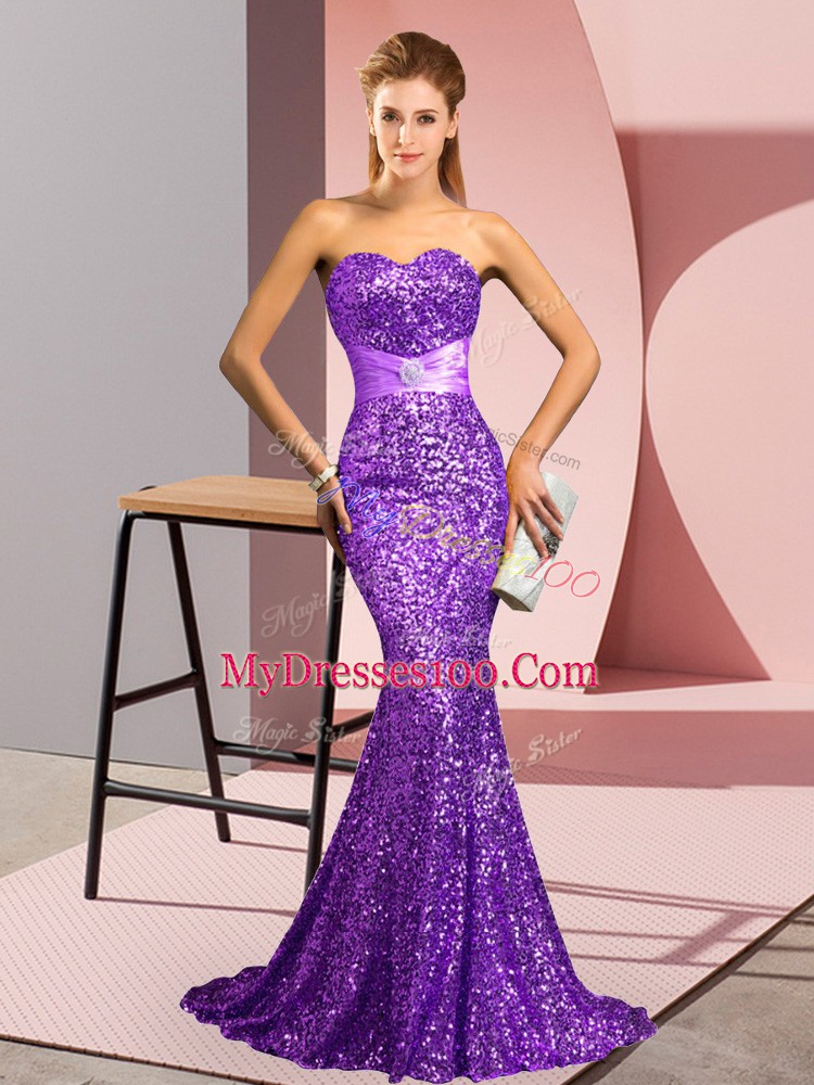 Purple Backless Sweetheart Beading Going Out Dresses Sequined Sleeveless Sweep Train