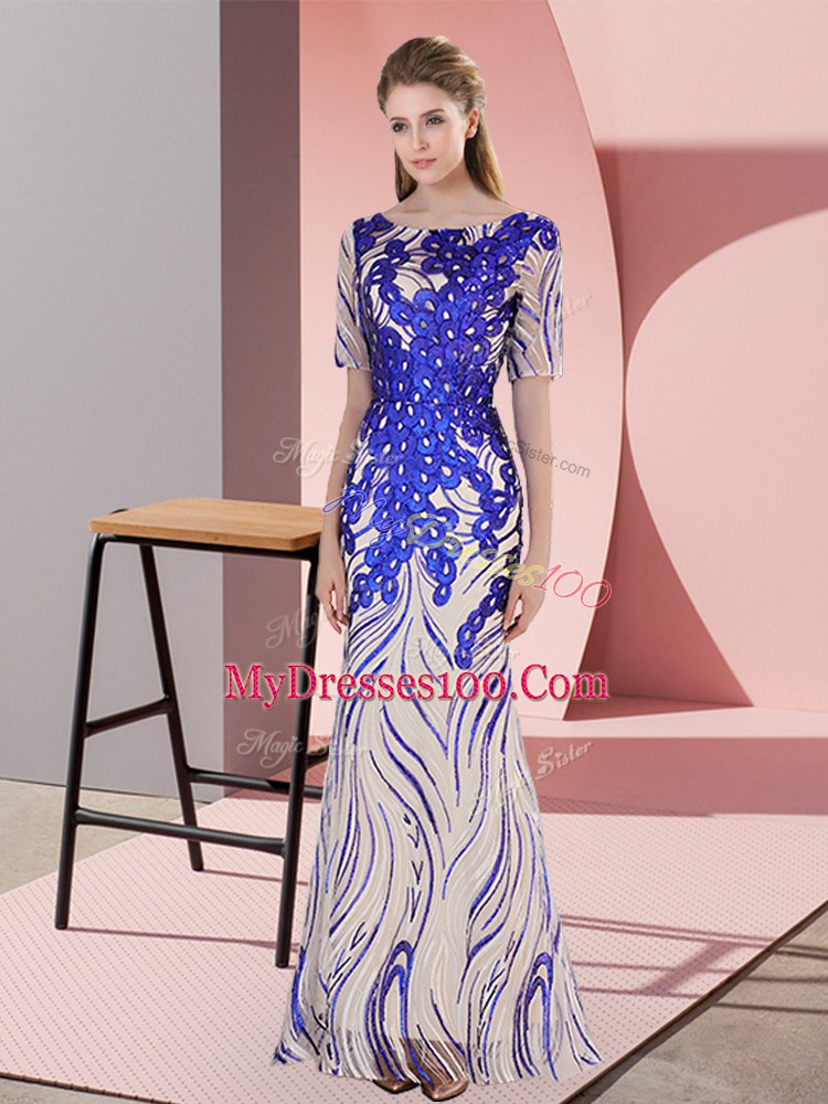 Floor Length Royal Blue Dress for Prom Half Sleeves Appliques and Sequins