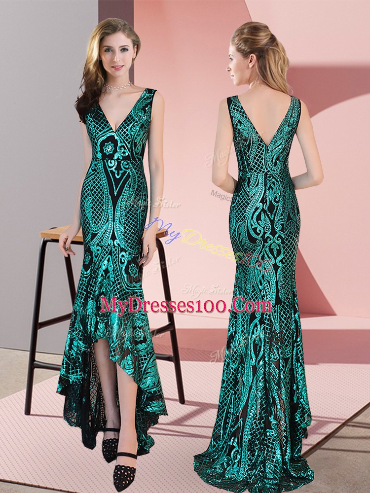 Hot Sale Green Zipper V-neck Ruching Prom Dress Sequined Sleeveless