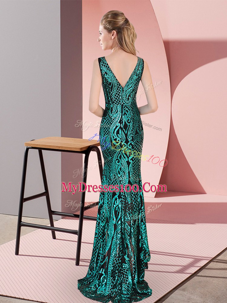 Hot Sale Green Zipper V-neck Ruching Prom Dress Sequined Sleeveless