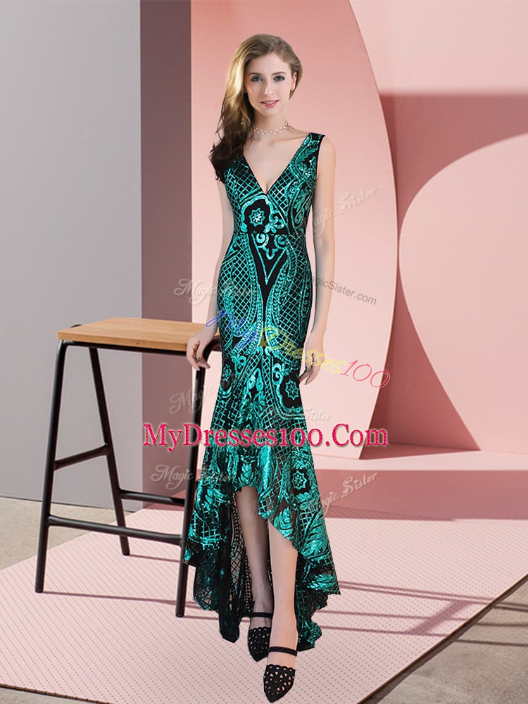 Hot Sale Green Zipper V-neck Ruching Prom Dress Sequined Sleeveless