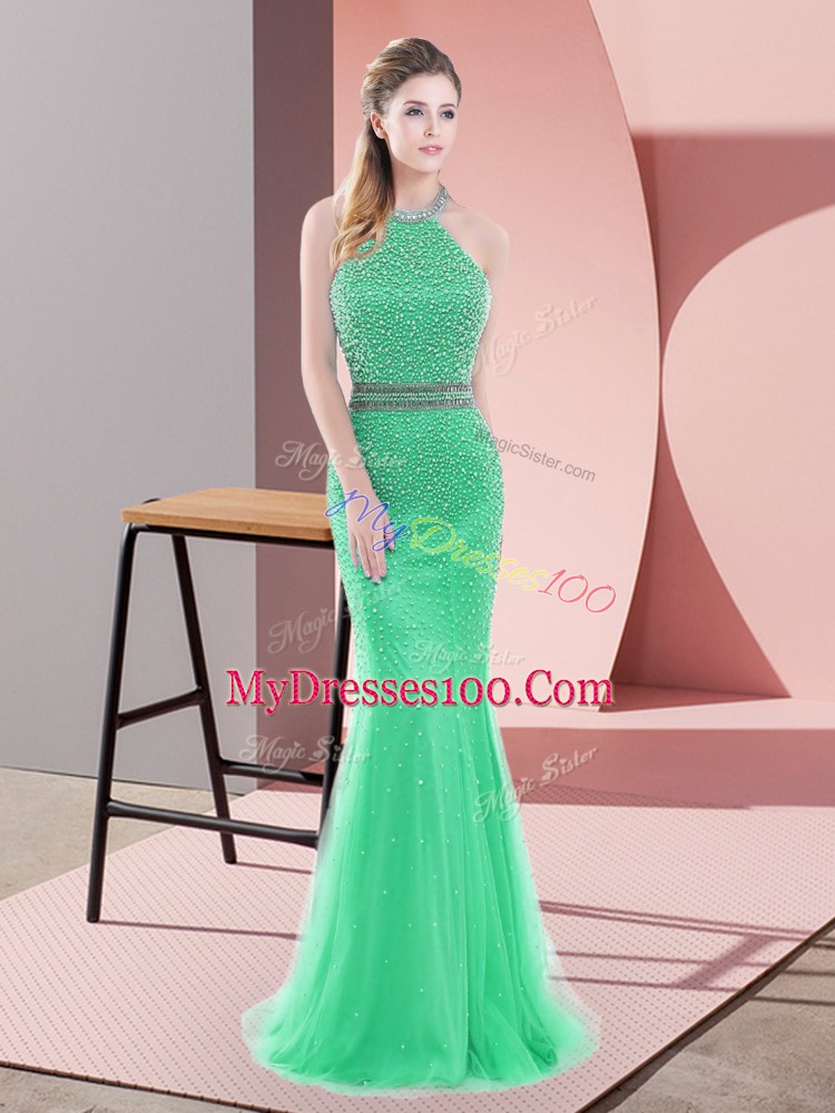 Glittering Sleeveless Sweep Train Backless Beading Homecoming Dress