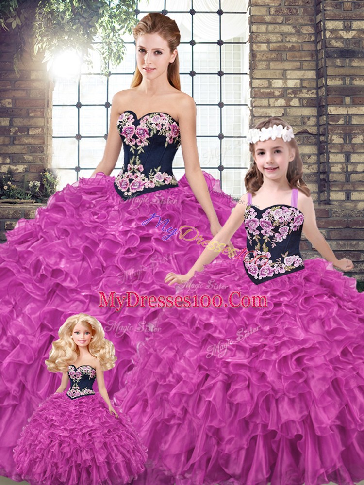Fuchsia Lace Up Quinceanera Gowns Embroidery and Ruffles Sleeveless