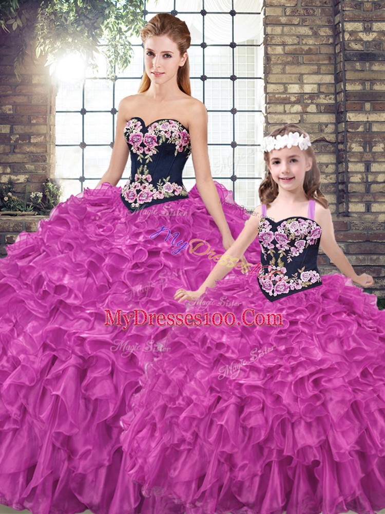 Fuchsia Lace Up Quinceanera Gowns Embroidery and Ruffles Sleeveless