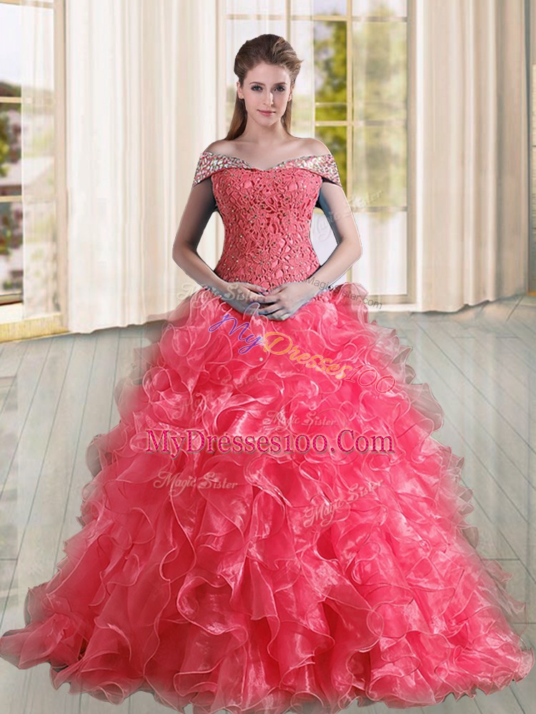 Flirting Off The Shoulder Sleeveless Sweet 16 Quinceanera Dress Sweep Train Beading and Lace and Ruffles Coral Red Organza