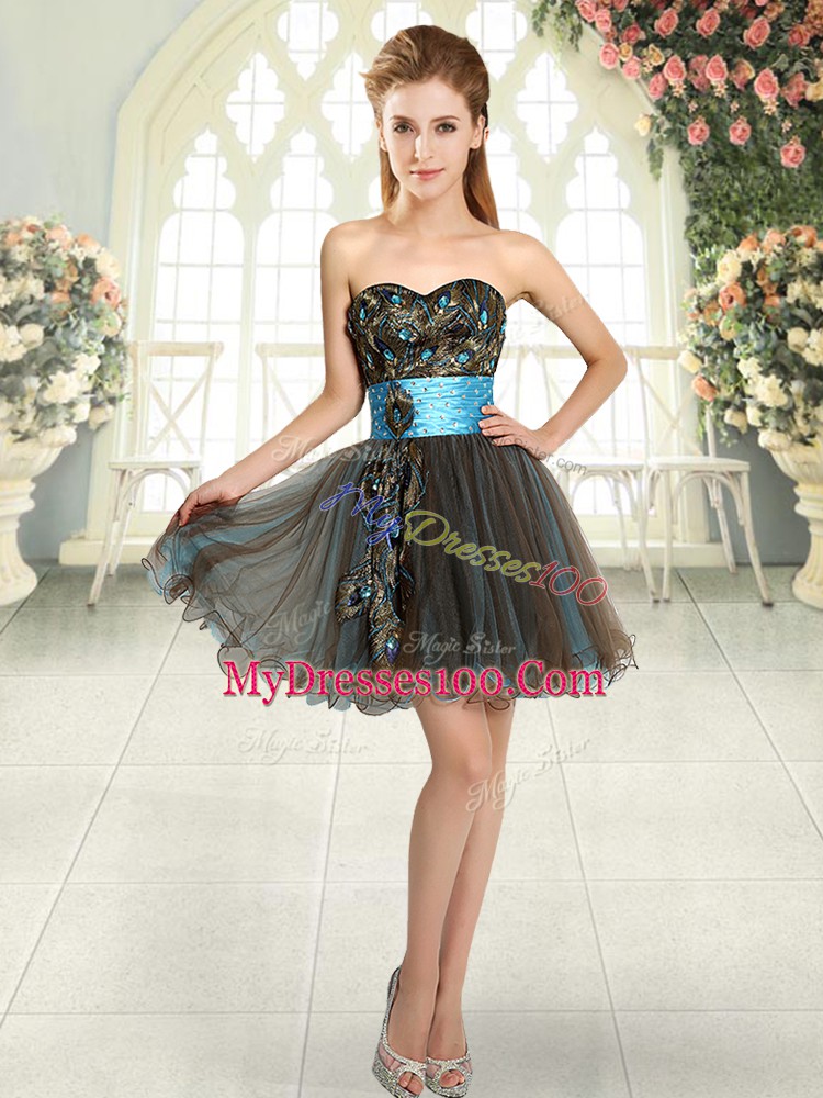 A-line Prom Gown Brown Sweetheart Tulle Sleeveless Mini Length Lace Up