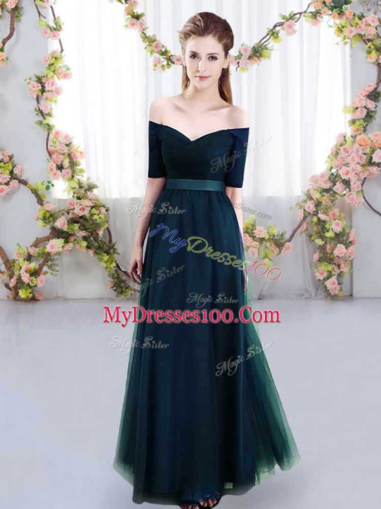 Extravagant Floor Length Navy Blue Damas Dress Tulle Short Sleeves Ruching