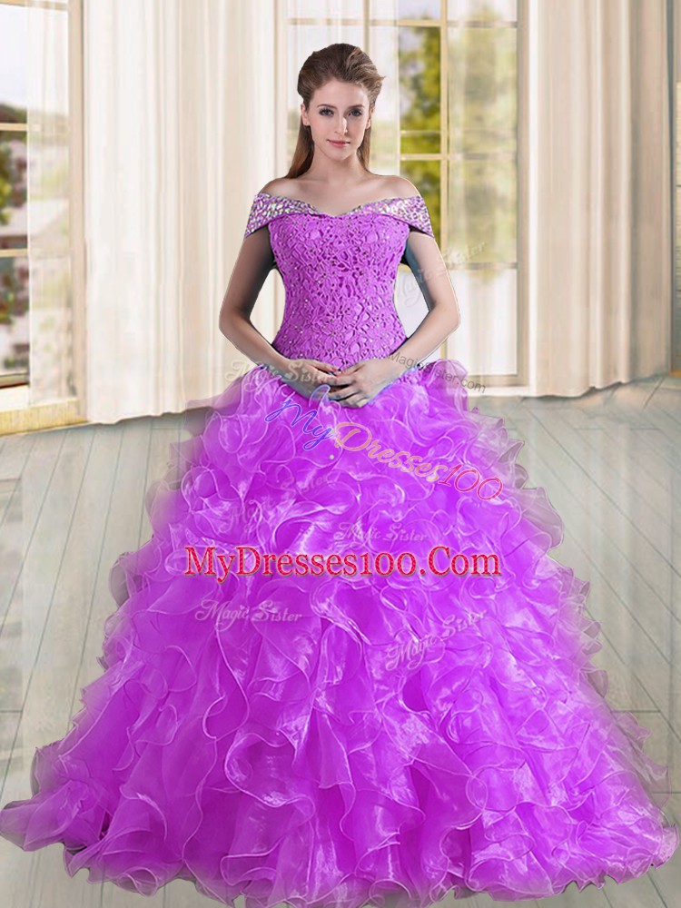 Off The Shoulder Sleeveless Sweep Train Lace Up Quinceanera Gowns Purple Organza