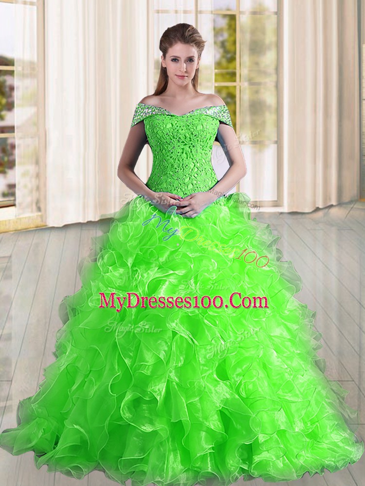 Sleeveless Organza Sweep Train Lace Up Quince Ball Gowns in with Beading and Lace and Ruffles