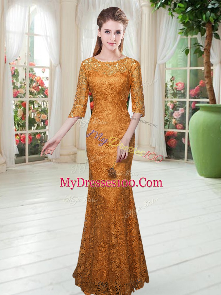 Fashionable Floor Length Mermaid Half Sleeves Orange Zipper