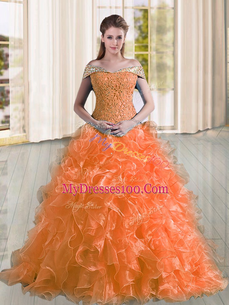 Admirable Organza Off The Shoulder Sleeveless Sweep Train Lace Up Beading and Lace and Ruffles Quinceanera Dresses in Orange