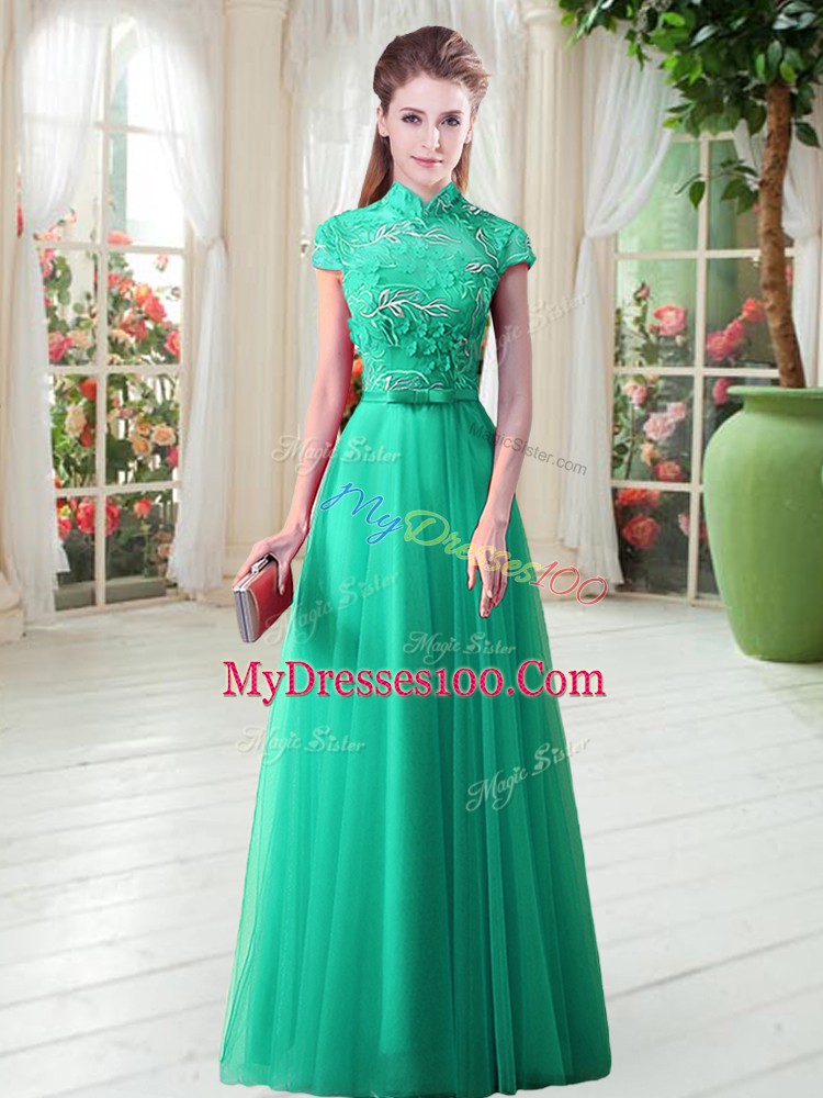 Fashion High-neck Cap Sleeves Lace Up Appliques Evening Dress in Green