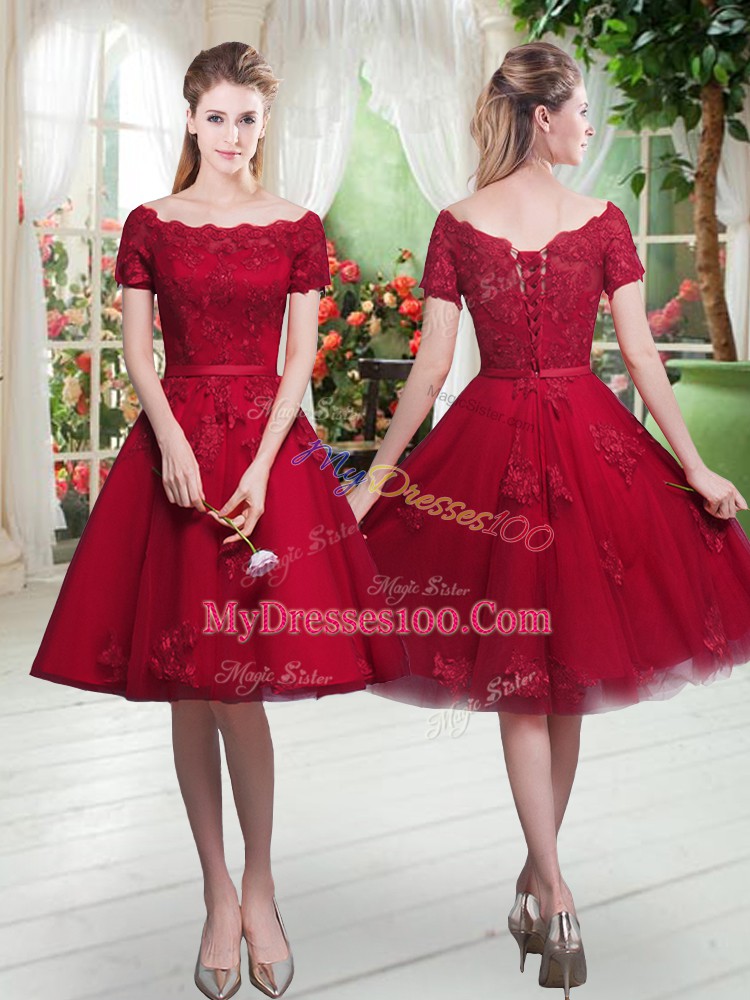 Traditional Short Sleeves Knee Length Appliques Lace Up Prom Evening Gown with Wine Red