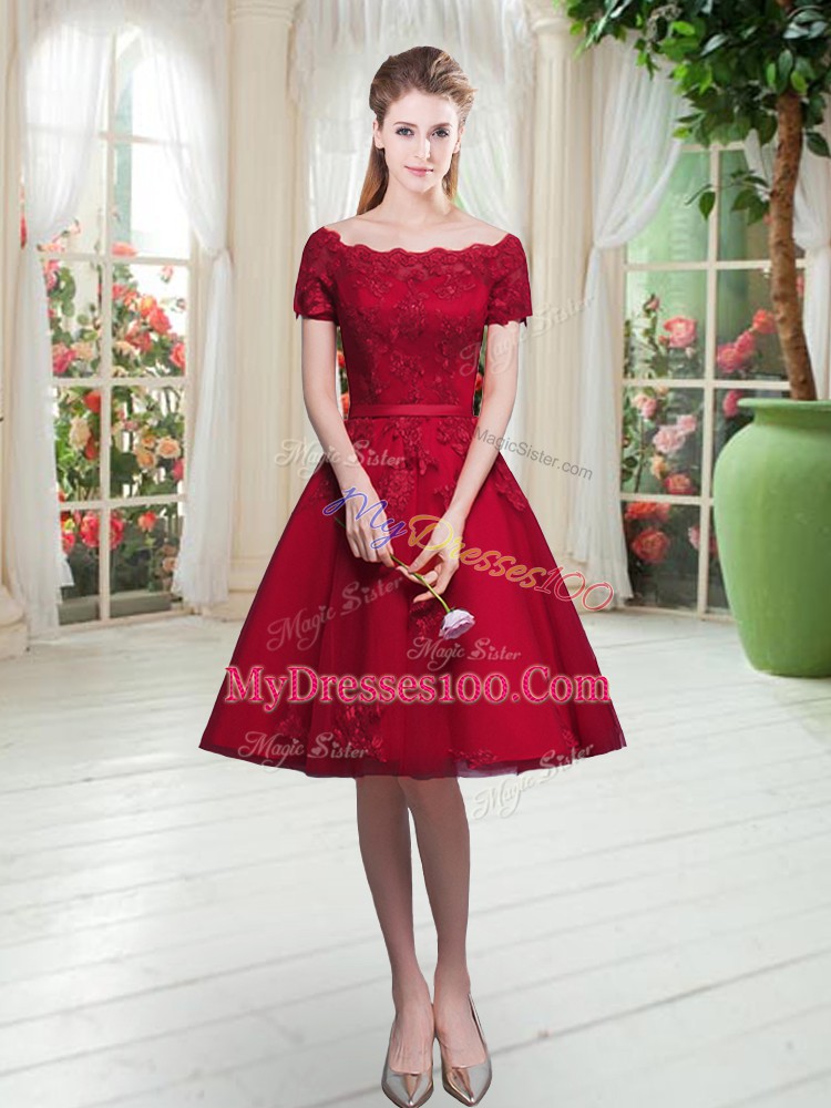 Traditional Short Sleeves Knee Length Appliques Lace Up Prom Evening Gown with Wine Red