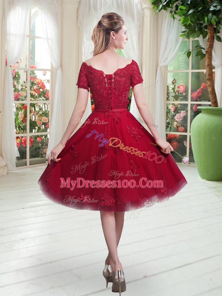 Traditional Short Sleeves Knee Length Appliques Lace Up Prom Evening Gown with Wine Red
