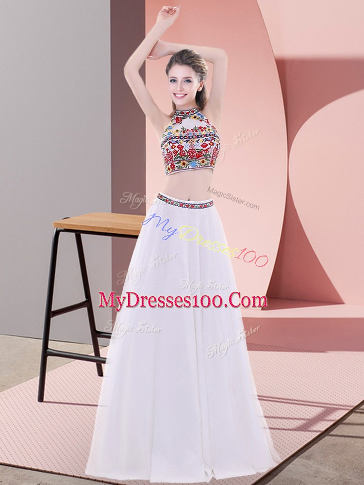 Luxurious Sleeveless Tulle Floor Length Lace Up Prom Party Dress in White with Embroidery