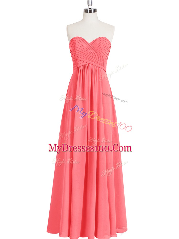 Watermelon Red Sleeveless Ruching Floor Length Homecoming Dress