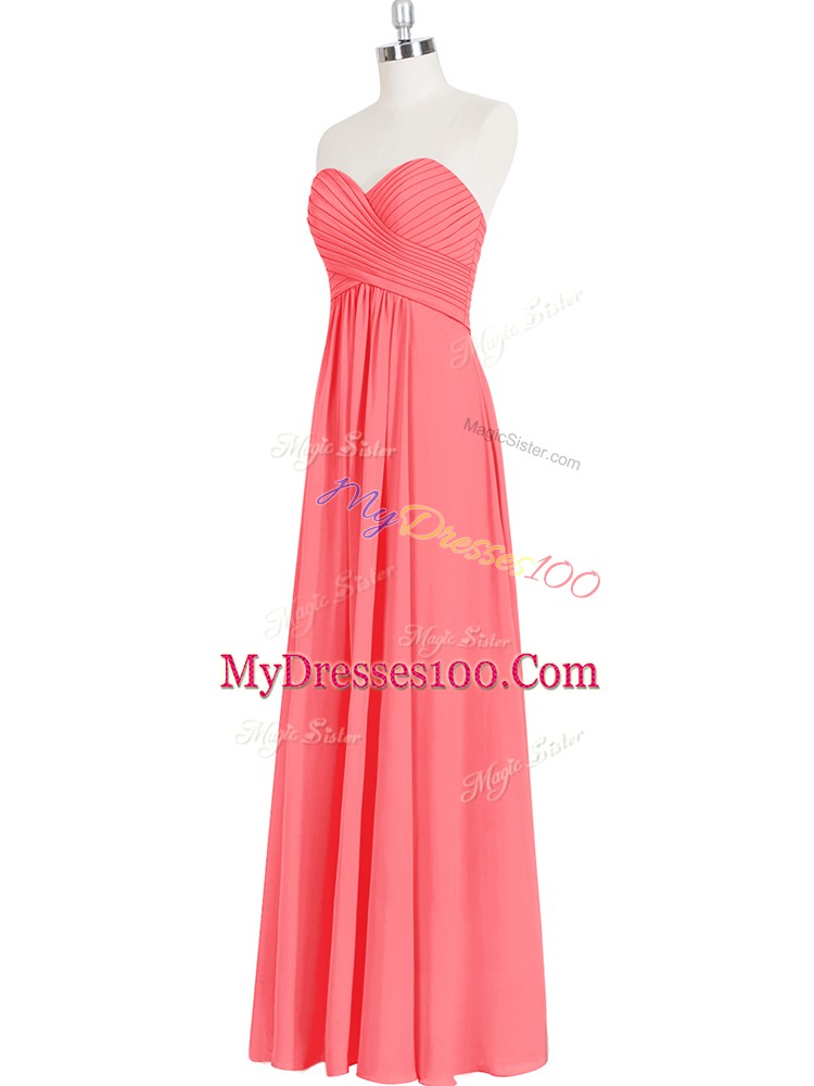 Watermelon Red Sleeveless Ruching Floor Length Homecoming Dress