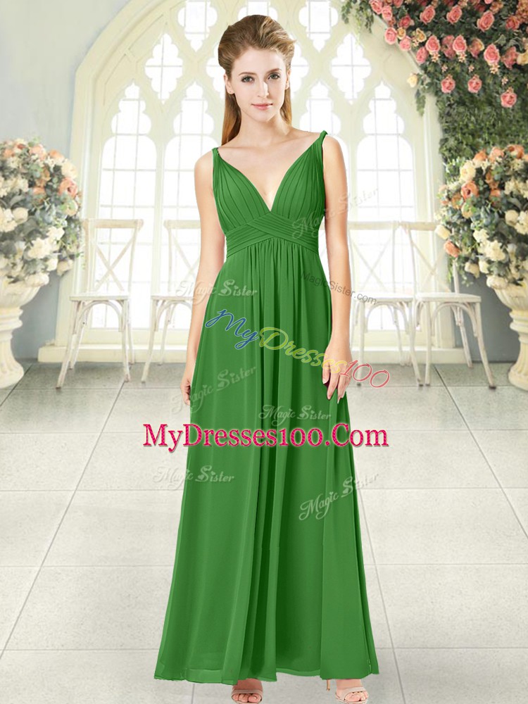 Top Selling Green Backless Evening Party Dresses Ruching Sleeveless Ankle Length