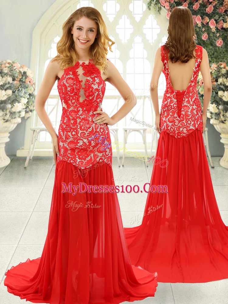 Red Backless Scoop Lace Prom Dresses Chiffon Sleeveless Brush Train