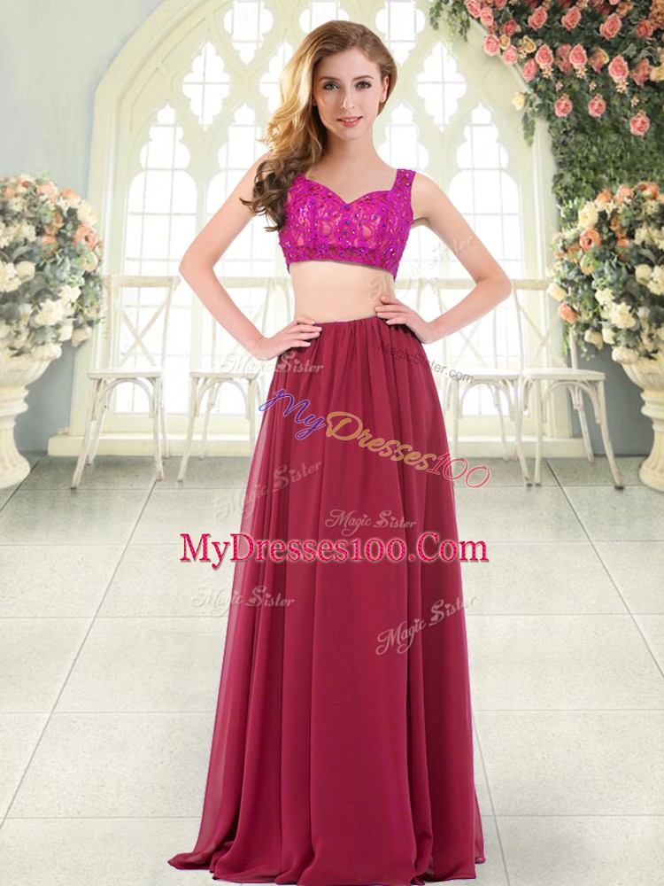 Nice Floor Length Wine Red Evening Dress Chiffon Sleeveless Beading and Lace