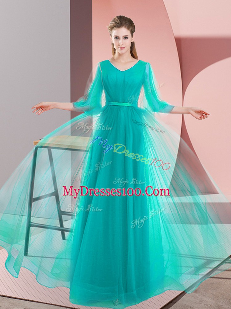 Turquoise V-neck Neckline Beading Dress for Prom Long Sleeves Lace Up
