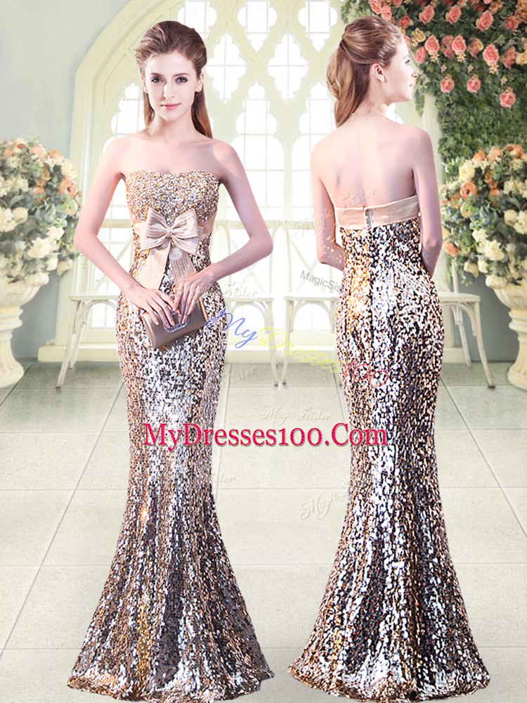 Sequined Sleeveless Floor Length Evening Dresses and Beading and Sequins and Bowknot